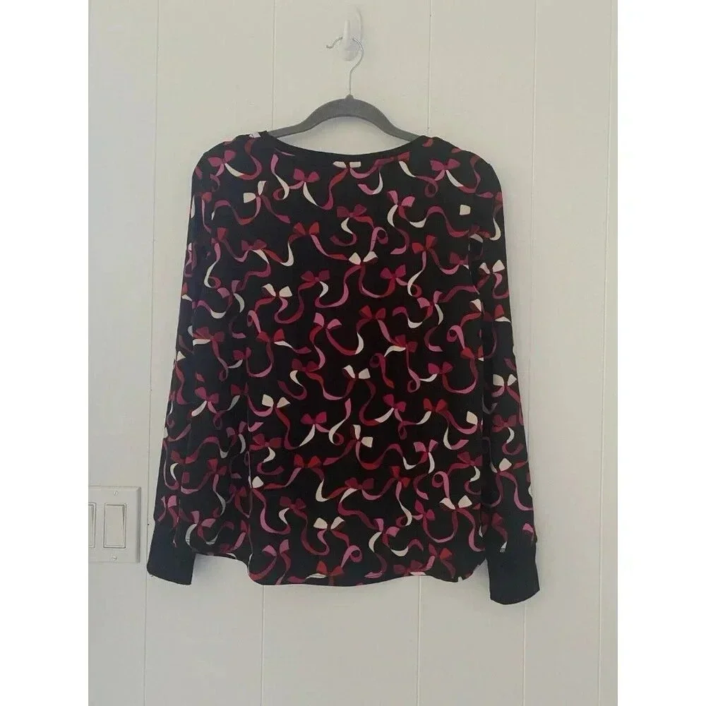 Kate Spade Henley Pajama‎ Top Womens Size M Black Red Pink Ribbon Soft Slumber